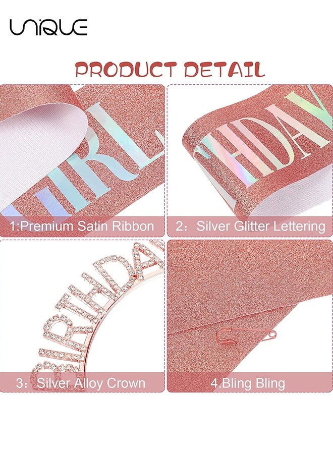 يونيك طقم تاج وحزام عيد ميلاد - وشاح عيد ميلاد لامع - طقم عقال من حجر الراين - 7 قطع كيك توبر إكسسوارات عيد ميلاد لزينة لها - عيد ميلاد المرأة تاج الأميرة تاج عيد ميلاد قبعات عيد ميلاد عصابات رأس هدايا الحفلات زينة عيد ميلاد (ذهبي وردي) - Image 2