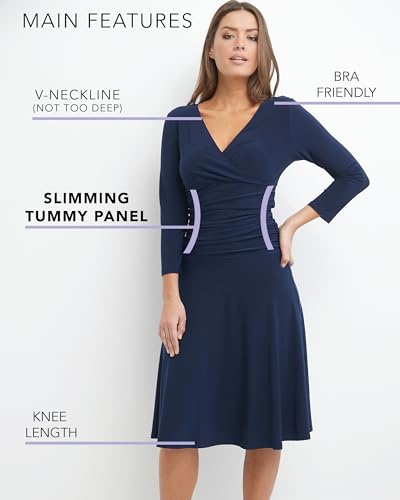 Rekucci Women's Slimming 3/4 Sleeve Fit-and-Flare Crossover Tummy Control Dress (12, Black) - Image 5
