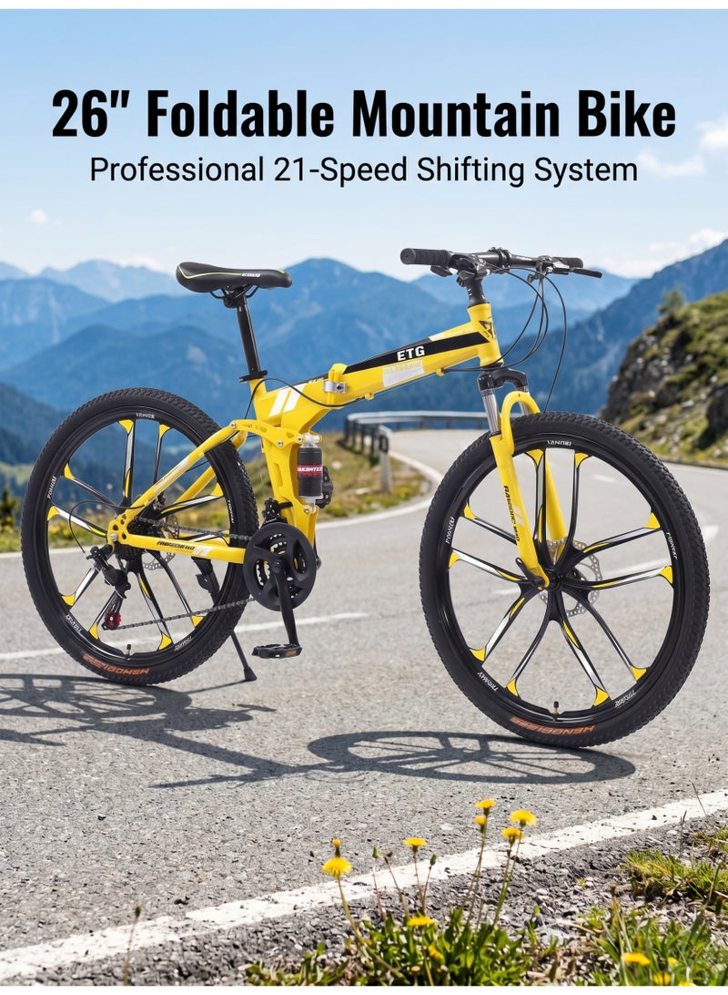 ETG 26 Inch 21 Speed Foldable Mountain Bike High Carbon Steel Frame Dual Disc Brakes Shock Absorption for Men and Women - Image 1