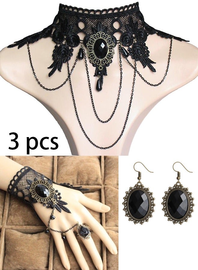 OMEVE 3 PCS Venetian Masquerade, Masquerade Costume Set,  Black Choker Lace Necklace Lace Pattern Gloves Earring Set for Women  - Image 1