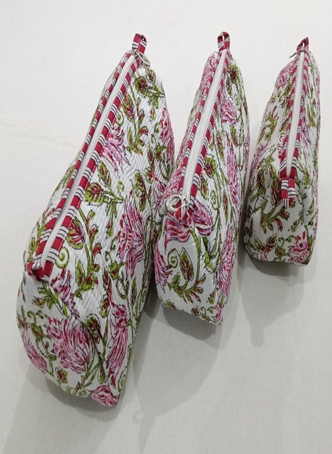 Doraya Hand Block Printed Cotton Quilted Floral Toiletry Bag 3 Piece Combo Set Waterproof Traveller Cosmetic Bags (Multi 2) - Image 2