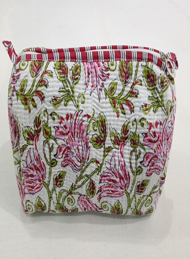 Doraya Hand Block Printed Cotton Quilted Floral Toiletry Bag 3 Piece Combo Set Waterproof Traveller Cosmetic Bags (Multi 2) - Image 3