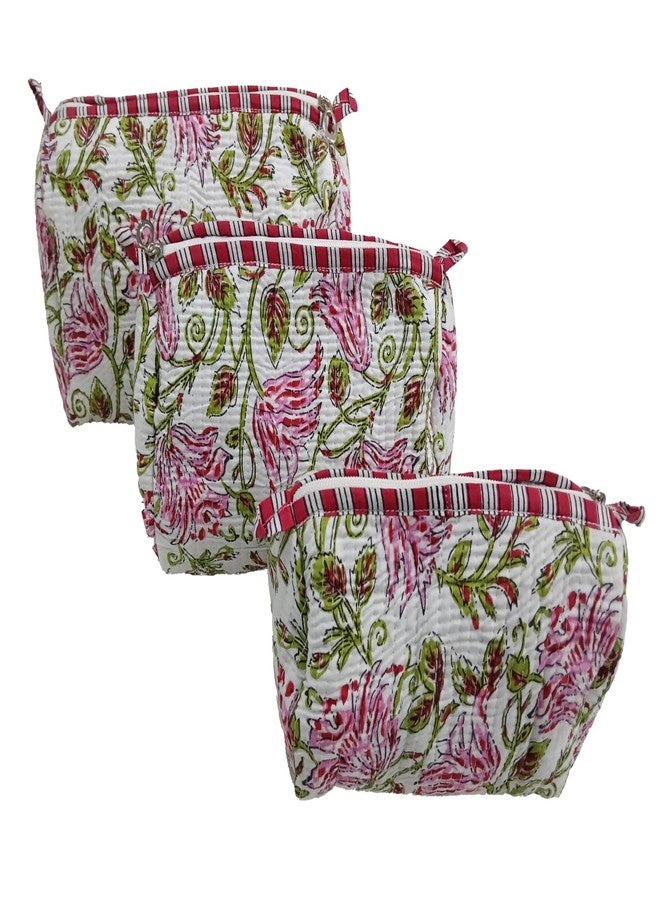 Doraya Hand Block Printed Cotton Quilted Floral Toiletry Bag 3 Piece Combo Set Waterproof Traveller Cosmetic Bags (Multi 2) - Image 1
