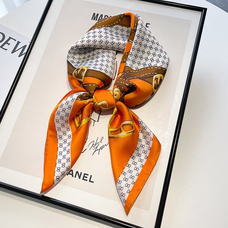 Oil painting small square scarf silk scarf for women Spring Autumn Winter mom matching shirt neck protection scarf scarf scarf 70x70 Stirrup leather buckle 70 square scarf-Orange