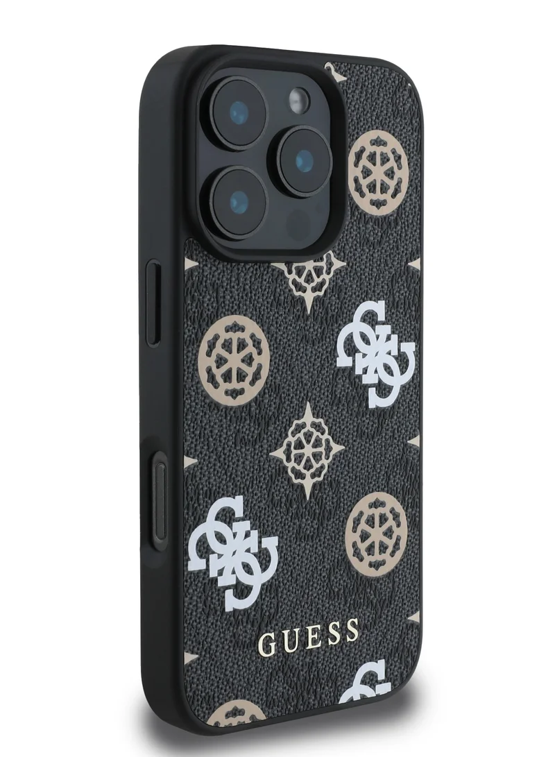 GUESS PU Hard Case With Peony 4G Design For iPhone 16 Pro / slim profile / Drop protection / Lightweight Back Cover - Black