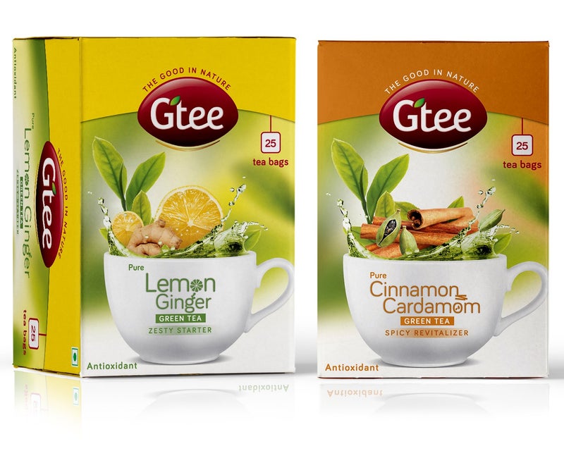 GTEE Green Tea Bags - Lemon & Ginger & Green Tea Bags - Cinnamon & Cardamom, 25 Tea Bags (Pack of 2) - Image 1