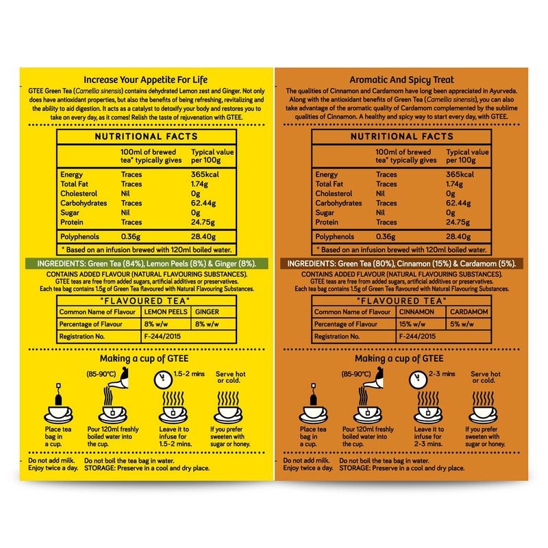 GTEE Green Tea Bags - Lemon & Ginger & Green Tea Bags - Cinnamon & Cardamom, 25 Tea Bags (Pack of 2) - Image 4
