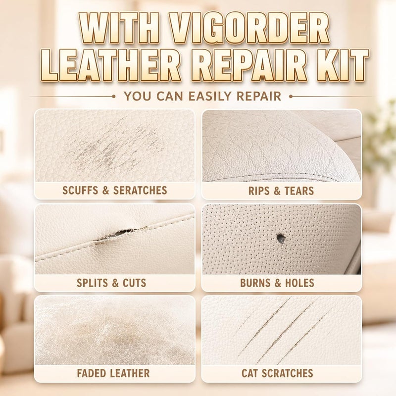 Vigorder Cream Leather Repair Kit for Furniture, Vinyl Repair Kit for Car Interior, Sofa, Jacket, Purse – Super Easy Instructions to Fix Scratches, Tears, Holes, and Peeling - Image 2