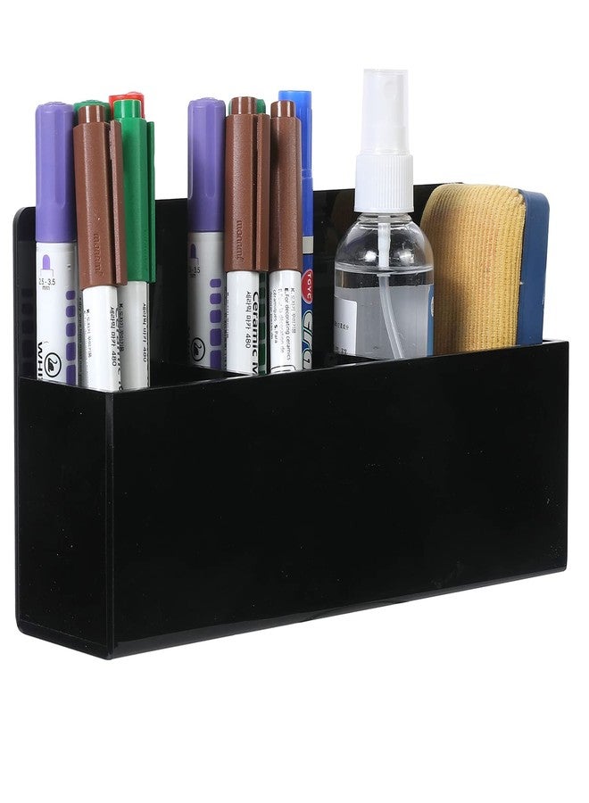 MyGift Modern Dry Erase Marker Holder, Black Acrylic Wall Mounted Office Supplies Holder, 3-Compartment White Board Eraser Accessories Storage Rack - Image 1