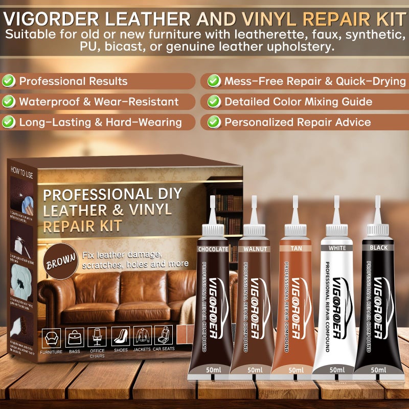 Vigorder Brown Leather Repair Kit for Furniture, Leather Couch Repair Kit for Furniture, Sofa, Jacket, Purse â€“ Super Easy Instructions to Fix Scratches, Tears, Holes, and Peeling - Image 4