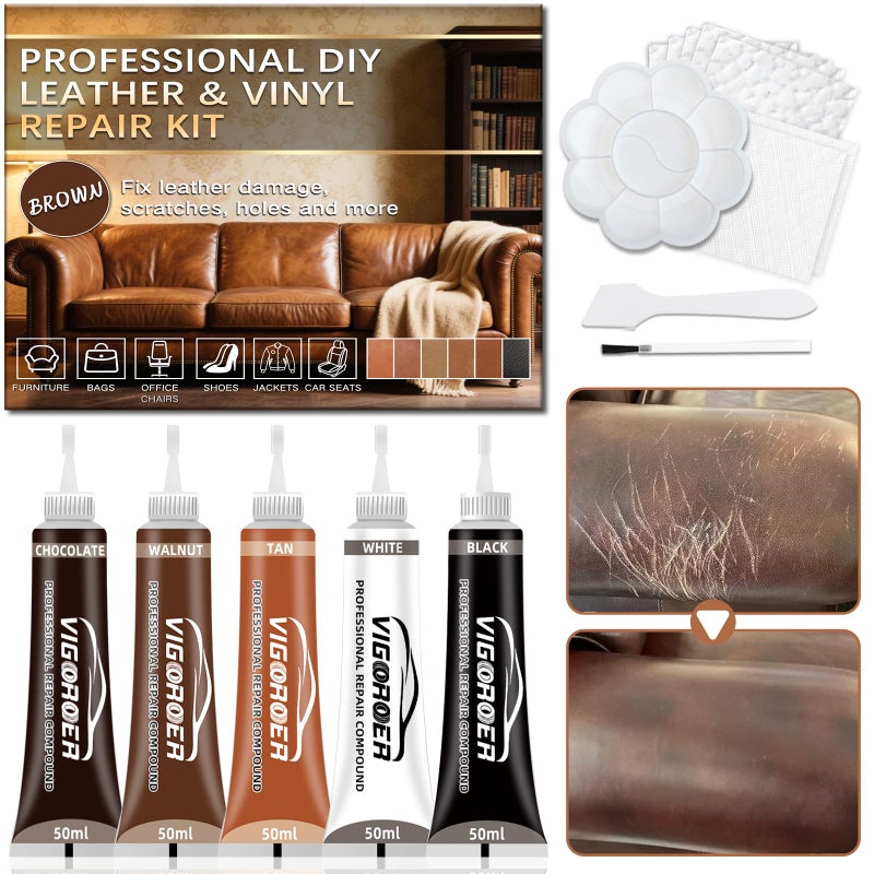 Vigorder Brown Leather Repair Kit for Furniture, Leather Couch Repair Kit for Furniture, Sofa, Jacket, Purse â€“ Super Easy Instructions to Fix Scratches, Tears, Holes, and Peeling - Image 1