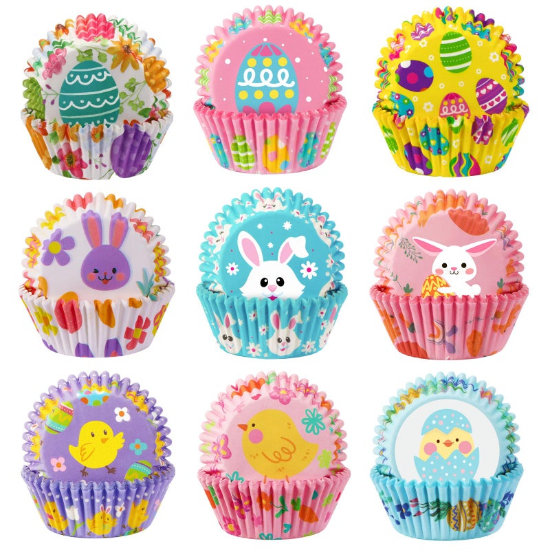 SANNIX 450pcs Easter Cupcake Liners, Bunny Chick Egg Flower Baking Cups Cupcake Wrappers Paper Wraps Muffin Liners for Easter Spring Birthday Party Candy Cake Decorations Supplies(9 Designs) - Image 1