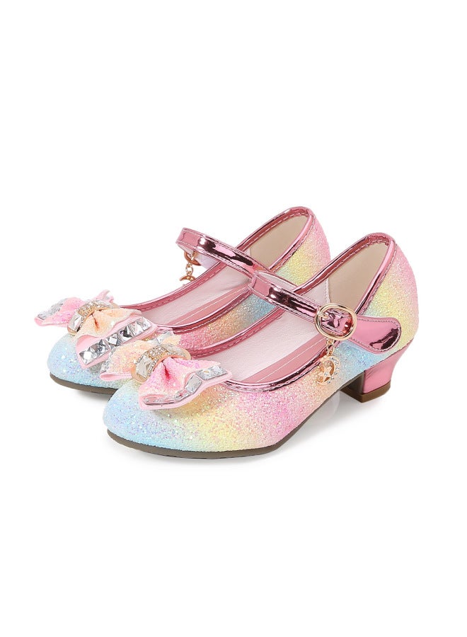 Autumn New Girls' Small High Heel Leather Shoes Sequin Upper Bow Decoration Children's Dance Shoes