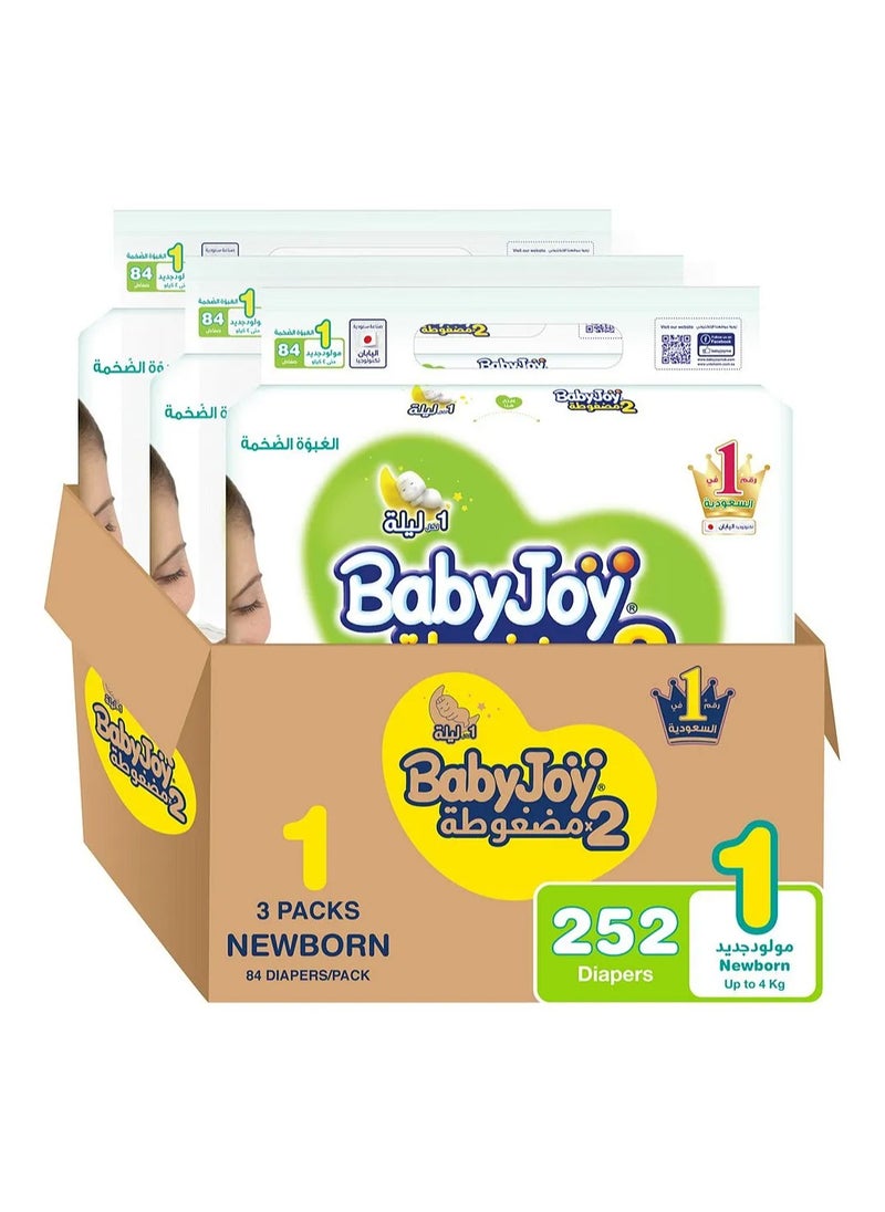 Baby Joy BabyJoy Compressed Diamond Pad Tape Style Diapers, 252 Pieces Total, Size 1 Newborn Pack of 3, Up to 4kg - Sensitive Skin Safe, Waist Stretch, Breathable 