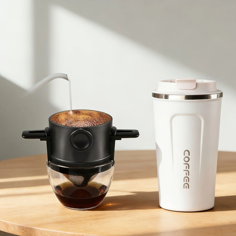 Black Double Layer Collapsible Coffee Filter Cup With Holder Pour Over Travel Friendly - Image 1