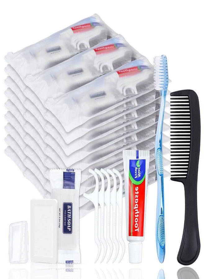 HQSLsund 50 Sets Personal Hygiene Kit Basic Toiletry Kits Homeless Supplies Bulk for Women,Men,Travel,Charity,Business Include 50 Toothbrush, 50 Toothpaste, 50 Comb, 50 Bath Soap and 250 Floss Picks - Image 1