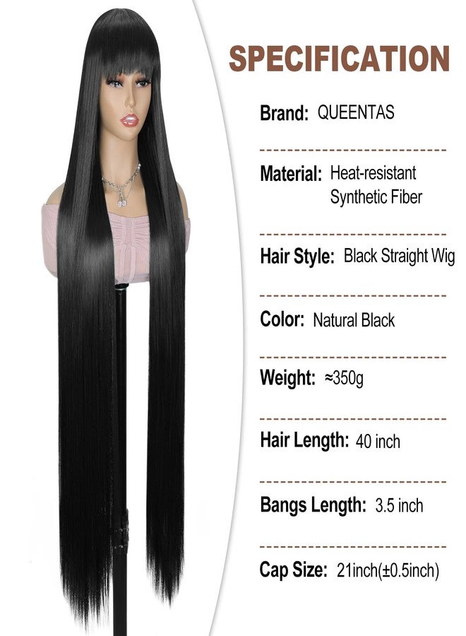 QUEENTAS Long Straight Black Wigs for Women 40 inch/100cm Synthetic Straight Wig with Bangs Natural Looking Extra Long Hair Middle Part Wigs for Daily and Cosplay(Natural Black/#1B) - Image 2