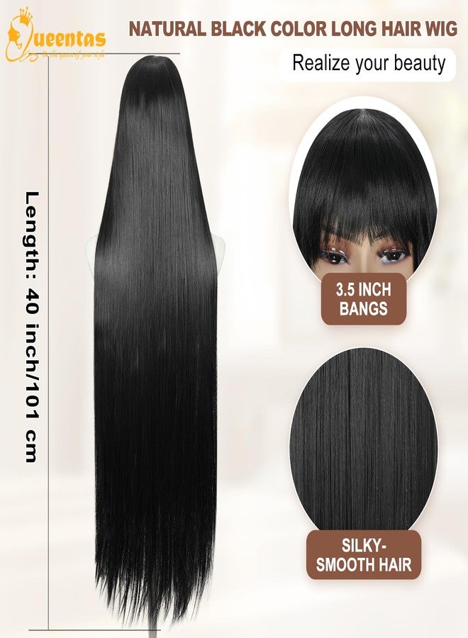 QUEENTAS Long Straight Black Wigs for Women 40 inch/100cm Synthetic Straight Wig with Bangs Natural Looking Extra Long Hair Middle Part Wigs for Daily and Cosplay(Natural Black/#1B) - Image 3