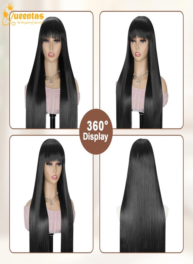 QUEENTAS Long Straight Black Wigs for Women 40 inch/100cm Synthetic Straight Wig with Bangs Natural Looking Extra Long Hair Middle Part Wigs for Daily and Cosplay(Natural Black/#1B) - Image 5