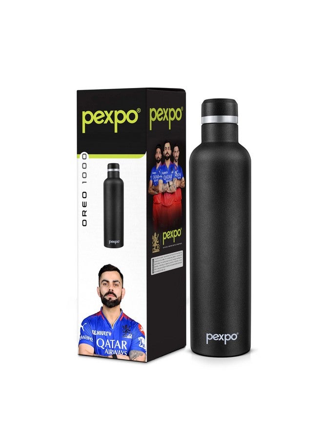 Pexpo Orio Pro 1000 Stainless Steel Hot and Cold Double Wall Vacuum Insulated ISI Certified Flask, 980ml, Knight Black | Slim Water Bottle | for Office, School, Home, Hiking, Gym | RCB Edition - Image 1