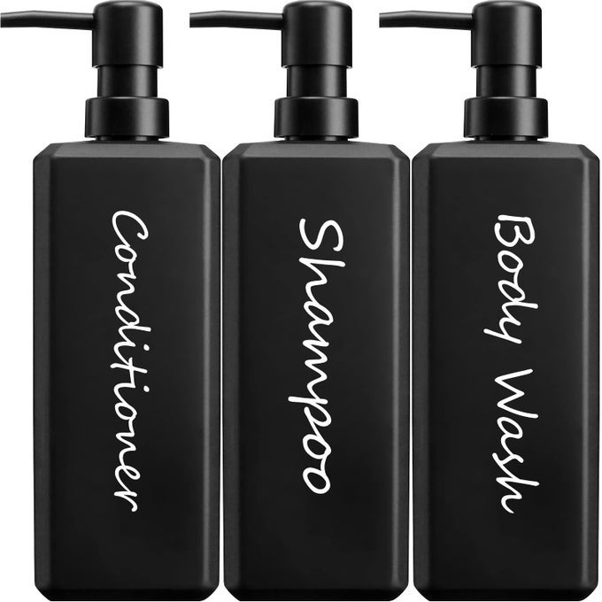 SHAMPOO AND CONDITIONER DISPENSER 17 FL OZ 500ML SQUARE SHOWER GEL DISPENSER REFILLABLE SHAMPOO BOTTLES BATHROOM PLASTIC BLACK SHOWER SOAP DISPENSERS MODERN PUMP BOTTLE DISPENSER 3 PACK