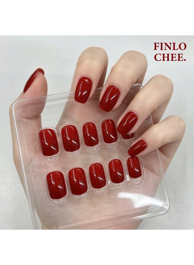finlochee. أظافر لاصقة باللون الأحمر العنابي، شكل مربع قصير، سطح لامع صلب، أظافر صناعية مغلفة بالكامل قابلة لإعادة الاستخدام، مجموعة أظافر جيل ناعمة، تصميم أنيق بسيط للنساء، مناسبة للارتداء اليومي والعمل والزفاف واحتفالات العيد والحفلات، تدوم طويلاً ولا تسبب أضرار للأظافر الطبيعية - Image 2