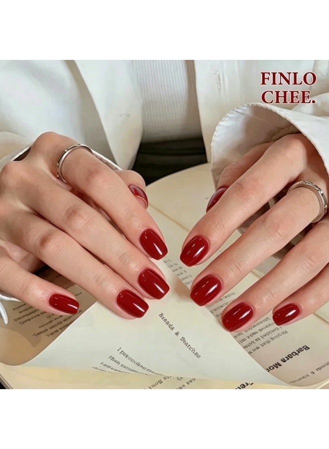 finlochee. أظافر لاصقة باللون الأحمر العنابي، شكل مربع قصير، سطح لامع صلب، أظافر صناعية مغلفة بالكامل قابلة لإعادة الاستخدام، مجموعة أظافر جيل ناعمة، تصميم أنيق بسيط للنساء، مناسبة للارتداء اليومي والعمل والزفاف واحتفالات العيد والحفلات، تدوم طويلاً ولا تسبب أضرار للأظافر الطبيعية - Image 3