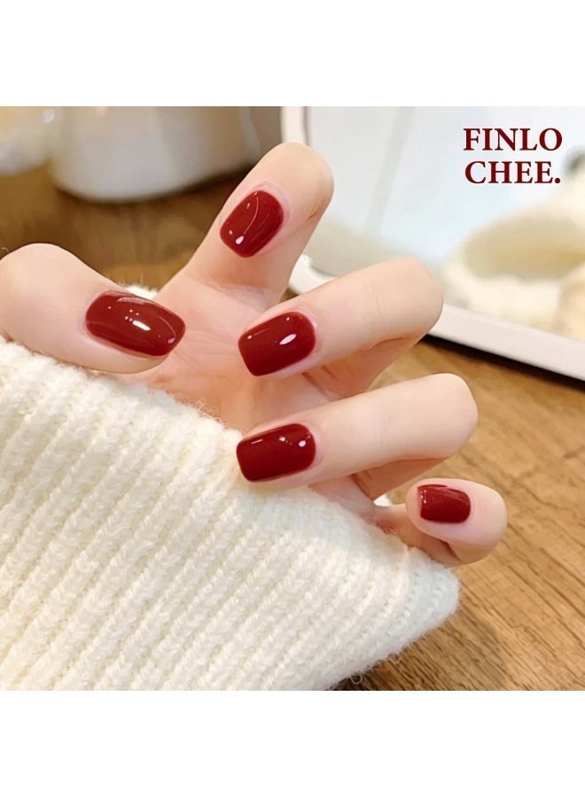 finlochee. أظافر لاصقة باللون الأحمر العنابي، شكل مربع قصير، سطح لامع صلب، أظافر صناعية مغلفة بالكامل قابلة لإعادة الاستخدام، مجموعة أظافر جيل ناعمة، تصميم أنيق بسيط للنساء، مناسبة للارتداء اليومي والعمل والزفاف واحتفالات العيد والحفلات، تدوم طويلاً ولا تسبب أضرار للأظافر الطبيعية - Image 5