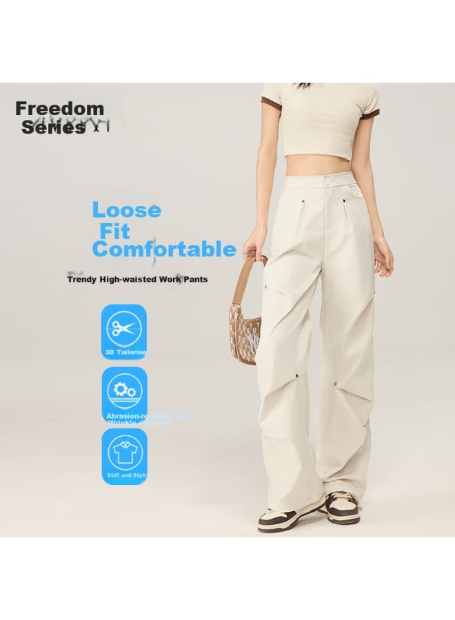 Liberal Ziyouxi Wide-leg Rivet Casual Pants For Women, Stylish Loose Straight-leg Floor-length Cargo Pants, High-waist Streetwear Dress Pants, Long Trousers - Image 1