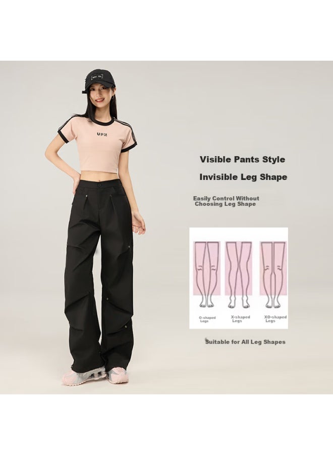 Liberal Ziyouxi Wide-leg Rivet Casual Pants For Women, Stylish Loose Straight-leg Floor-length Cargo Pants, High-waist Streetwear Dress Pants, Long Trousers - Image 2