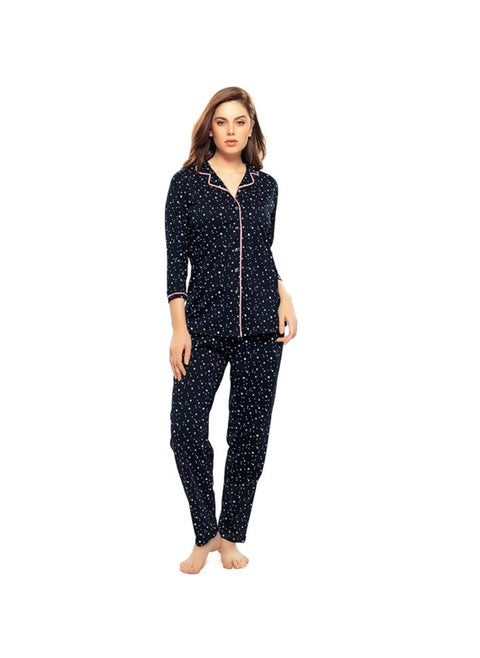 Women's Cotton Star & Dot Printed Night Suit Set Of Shirt & Pajama