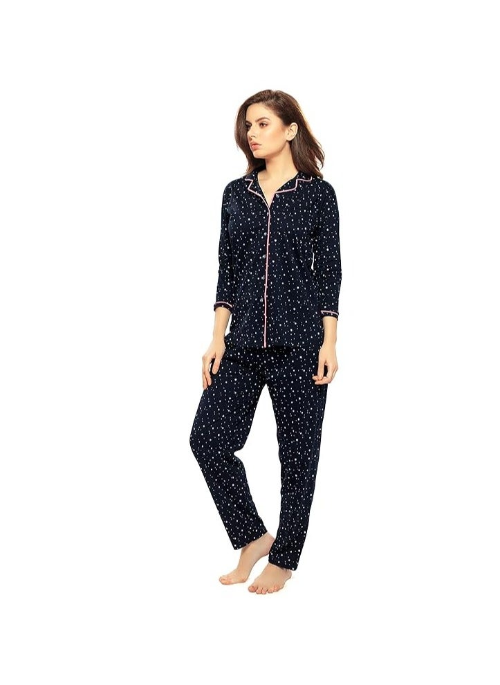 Accessorize Kingdom - Women's Cotton Star & Dot Printed Night Suit Set Of Shirt & Pajama - Image 1