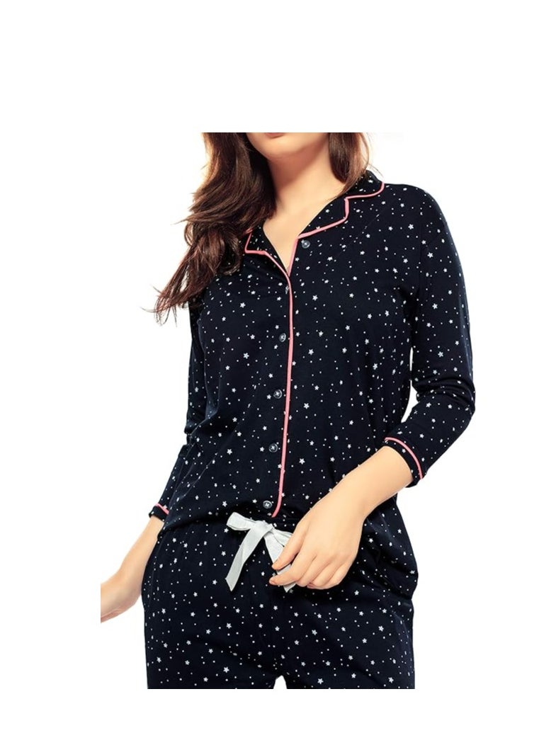 Accessorize Kingdom - Women's Cotton Star & Dot Printed Night Suit Set Of Shirt & Pajama - Image 1
