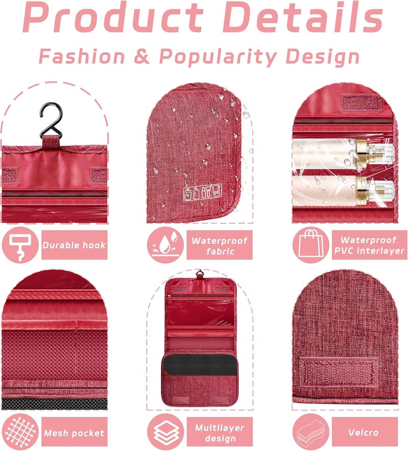 YEMEDA Toiletry Bag Travel Bag with Hanging Hook, Waterproof Capacity Hanging Multifunctional Makeup Bag for Toiletries, Portable Cosmetic Bag Travel Organizer for Women and Men (Red) - Image 3