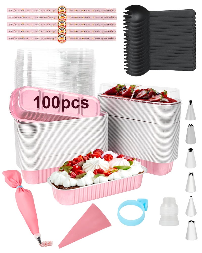 YQER 100 Pack Mini Cake Pans with Lids Spoons & 1 Piping Bag and Tips Set â€“ 6.8oz Disposable Aluminum Foil Pink Mini Loaf Pans for Cake Tins, Baking, Gift & Parties - Image 1