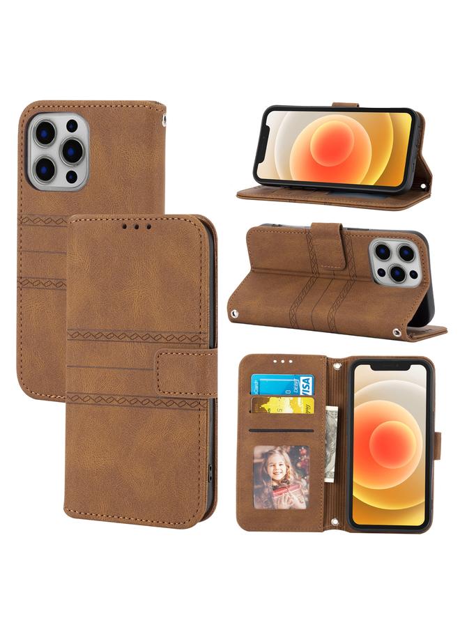 زبون جراب لهاتف iPhone 12 Pro Max من الجلد الصناعي PU + TPU بتصميم مخطط منقوش مع مشبك مغناطيسي مع حامل وفتحة للبطاقات ومحفظة وإطار للصور وحزام - Image 1