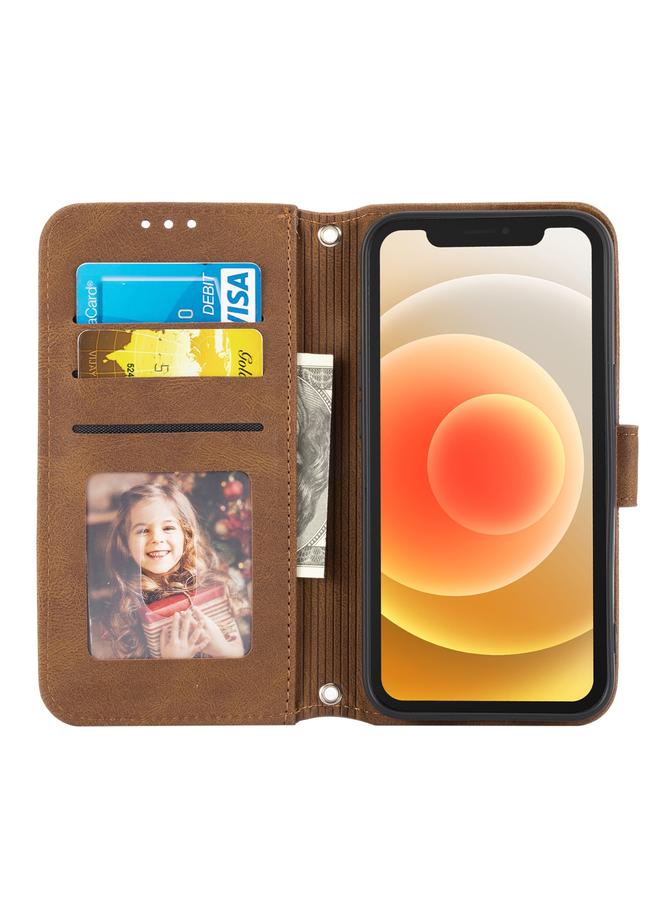 زبون جراب لهاتف iPhone 12 Pro Max من الجلد الصناعي PU + TPU بتصميم مخطط منقوش مع مشبك مغناطيسي مع حامل وفتحة للبطاقات ومحفظة وإطار للصور وحزام - Image 4