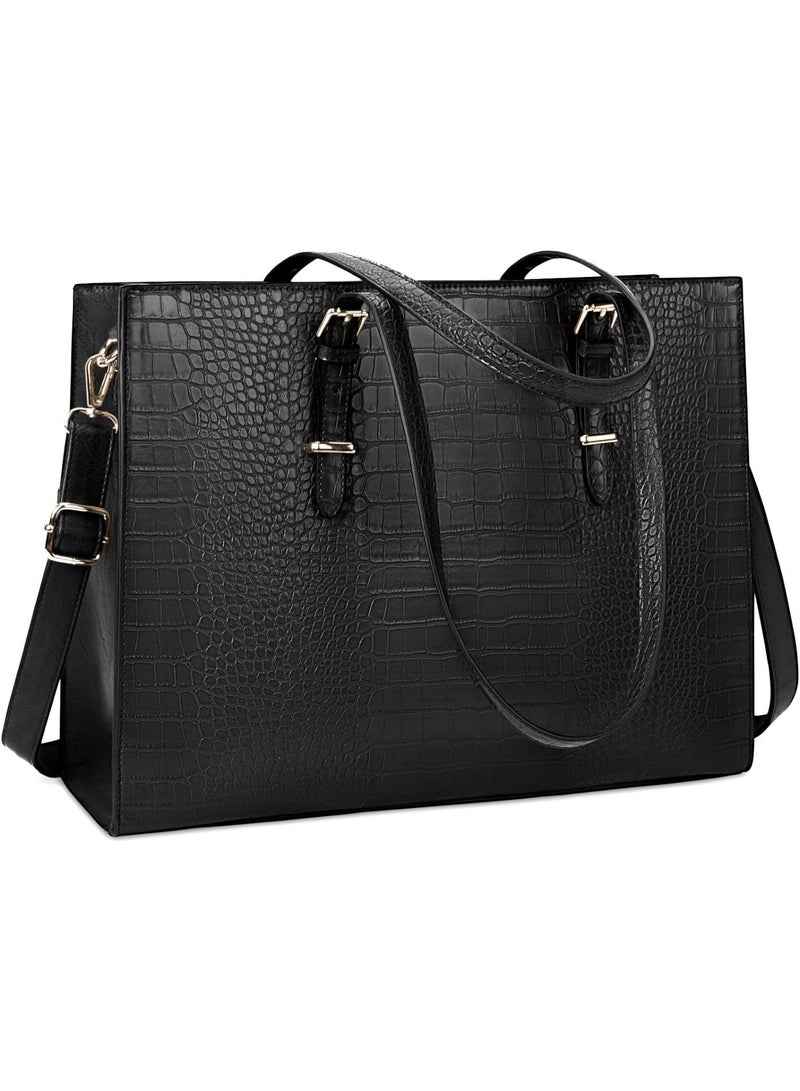 لينند حقيبة كمبيوتر محمول للسيدات 15.6 بوصة كمبيوتر محمول حقيبة يد جلدية أنيقة كمبيوتر محمول حقيبة العمل للماء حقيبة الكتف المهنية سيدة الأعمال حقيبة مكتب كبير الحجم أسود - Image 1