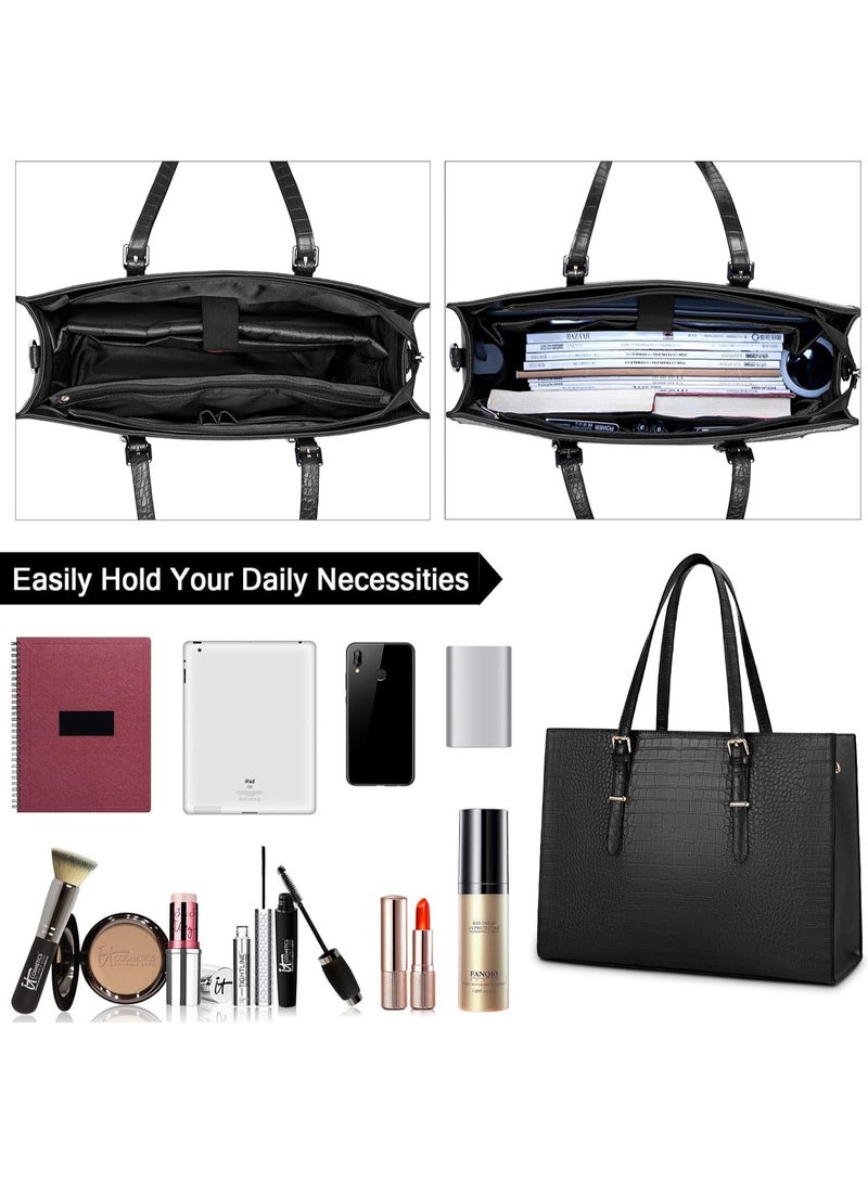 لينند حقيبة كمبيوتر محمول للسيدات 15.6 بوصة كمبيوتر محمول حقيبة يد جلدية أنيقة كمبيوتر محمول حقيبة العمل للماء حقيبة الكتف المهنية سيدة الأعمال حقيبة مكتب كبير الحجم أسود - Image 2