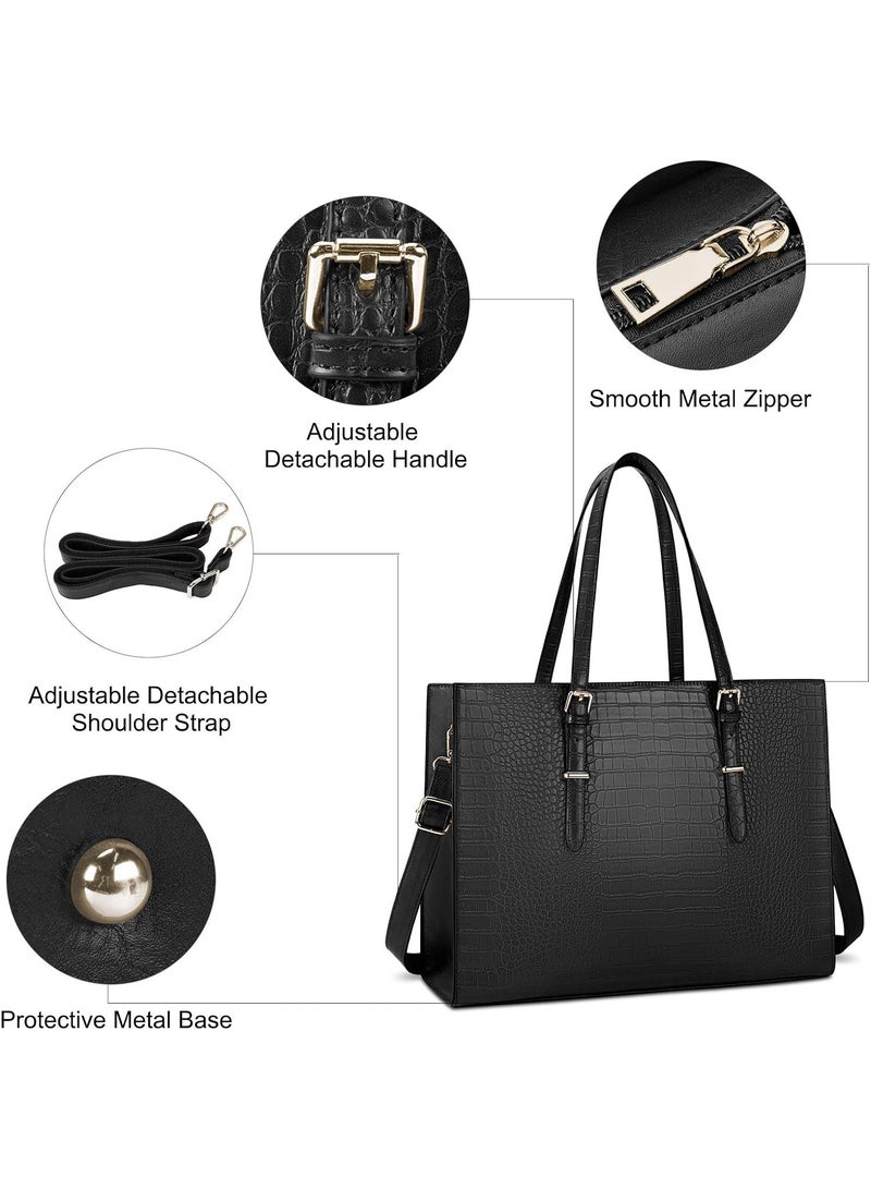 لينند حقيبة كمبيوتر محمول للسيدات 15.6 بوصة كمبيوتر محمول حقيبة يد جلدية أنيقة كمبيوتر محمول حقيبة العمل للماء حقيبة الكتف المهنية سيدة الأعمال حقيبة مكتب كبير الحجم أسود - Image 3