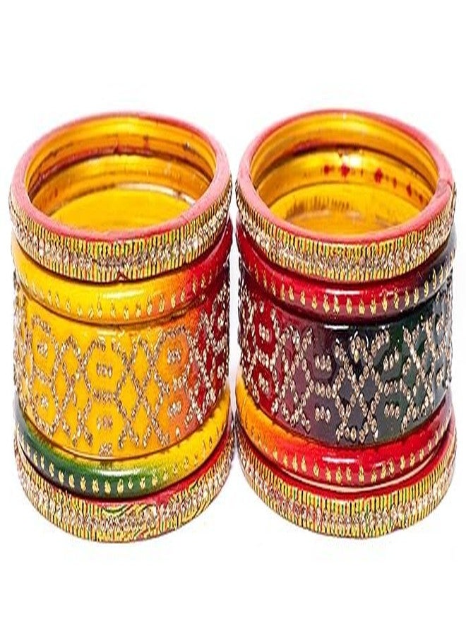 BANGLESKART Lah/Lac bangles red,yellow and green color Set, LAHTHI Churi zircon work for Women and Girls(10pcs) (Style 1, 2.2) - Image 4