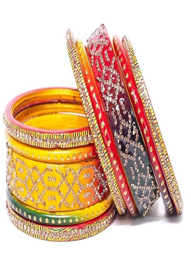 BANGLESKART Lah/Lac bangles red,yellow and green color Set, LAHTHI Churi zircon work for Women and Girls(10pcs) (Style 1, 2.2) - Image 3