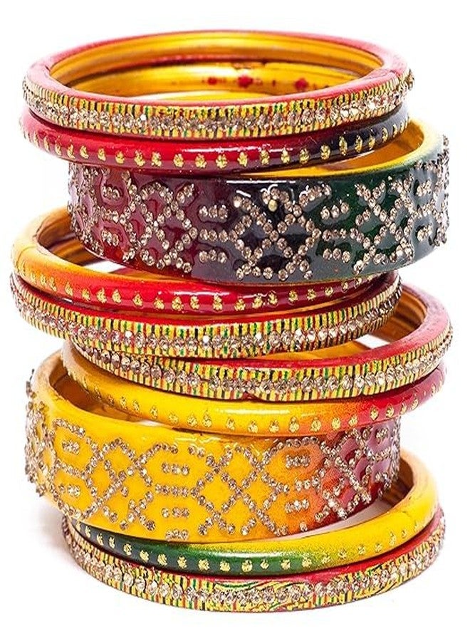 BANGLESKART Lah/Lac bangles red,yellow and green color Set, LAHTHI Churi zircon work for Women and Girls(10pcs) (Style 1, 2.2) - Image 1