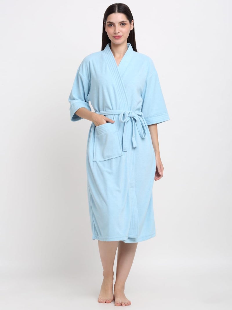 CREEVA Everyday Unisex Micro Terry Bathrobe Collection With kimono collar and 1 Pocket, 3/4 Sleeve Bath Robe Super Soft Light Weight - Sky Blue - Image 1