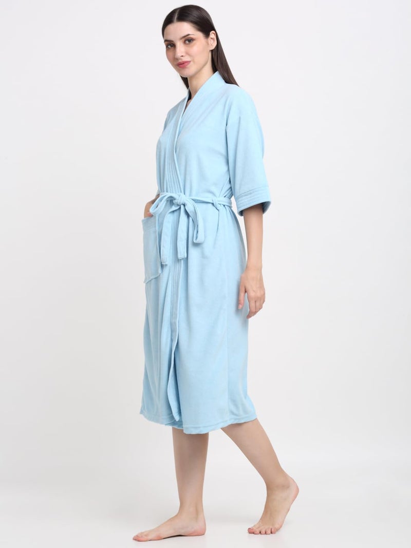 CREEVA Everyday Unisex Micro Terry Bathrobe Collection With kimono collar and 1 Pocket, 3/4 Sleeve Bath Robe Super Soft Light Weight - Sky Blue - Image 2