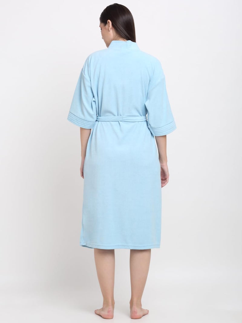 CREEVA Everyday Unisex Micro Terry Bathrobe Collection With kimono collar and 1 Pocket, 3/4 Sleeve Bath Robe Super Soft Light Weight - Sky Blue - Image 3