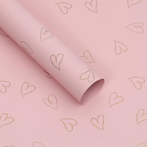 MLSG 20 Sheet Solid Color Heart Wrapping Paper - Waterproof Floral Bouquet Wrapping Paper, Florist Supplies Packaging Paper for Wedding Birthday Gift Wrap Paper (Pink Gold) - Image 1