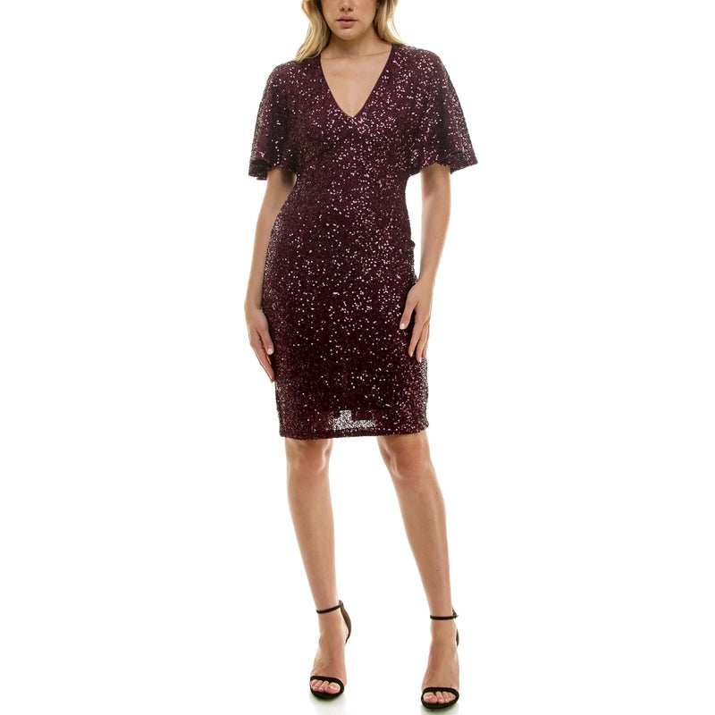 Taylor Women's Flutter Sleeve V-Neck Sequin Cocktail Dress, Mulberry - Image 1