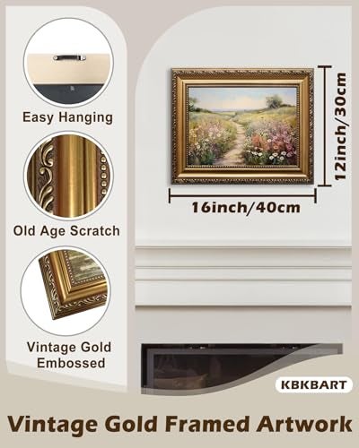 KBKBART Gold Framed Vintage Wall Art Vintage Spring Decor Wildflower Countryside Canvas Oil Painting Farmhouse Decor Wall Art Rustic Antique Landscape Bathroom Wall Decor for Bedroom Living Room Gifts for Friends or Family12x16 - Image 3
