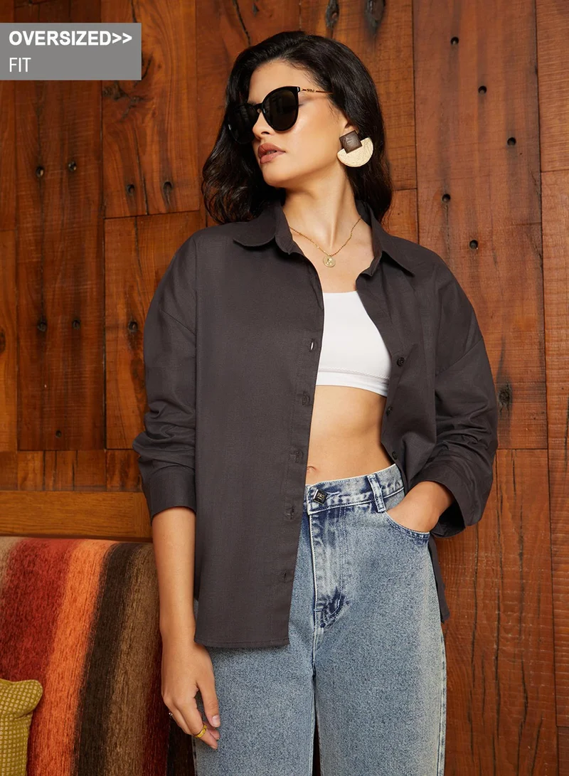 Campus Sutra Women's Charcoal Black Solid Oversized Shirt